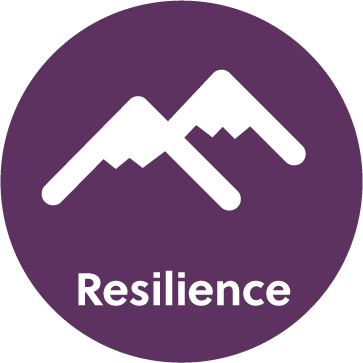 A mountain icon on a purple background with the wording 'Resilience'