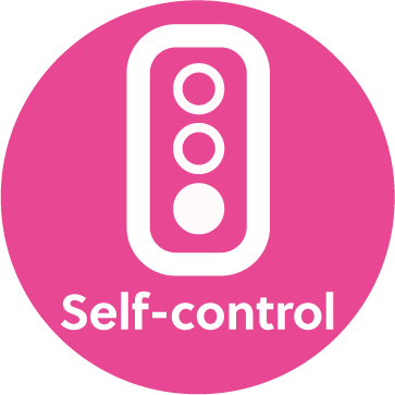 A traffic light icon on a pink background with the wording 'Self-control'